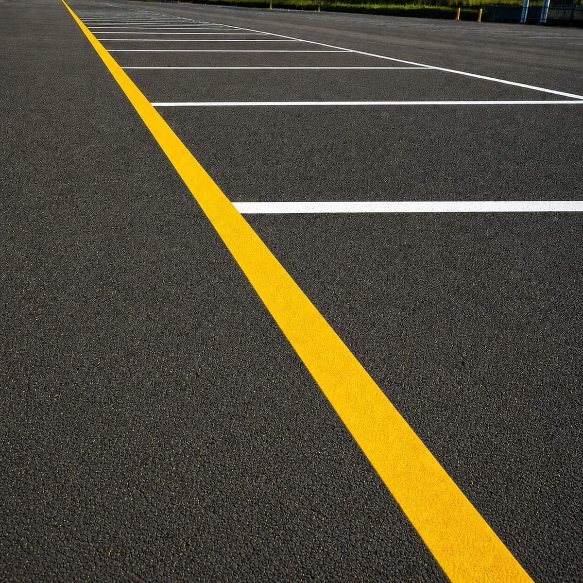 Professional crew painting straight yellow lines on a clean parking lot